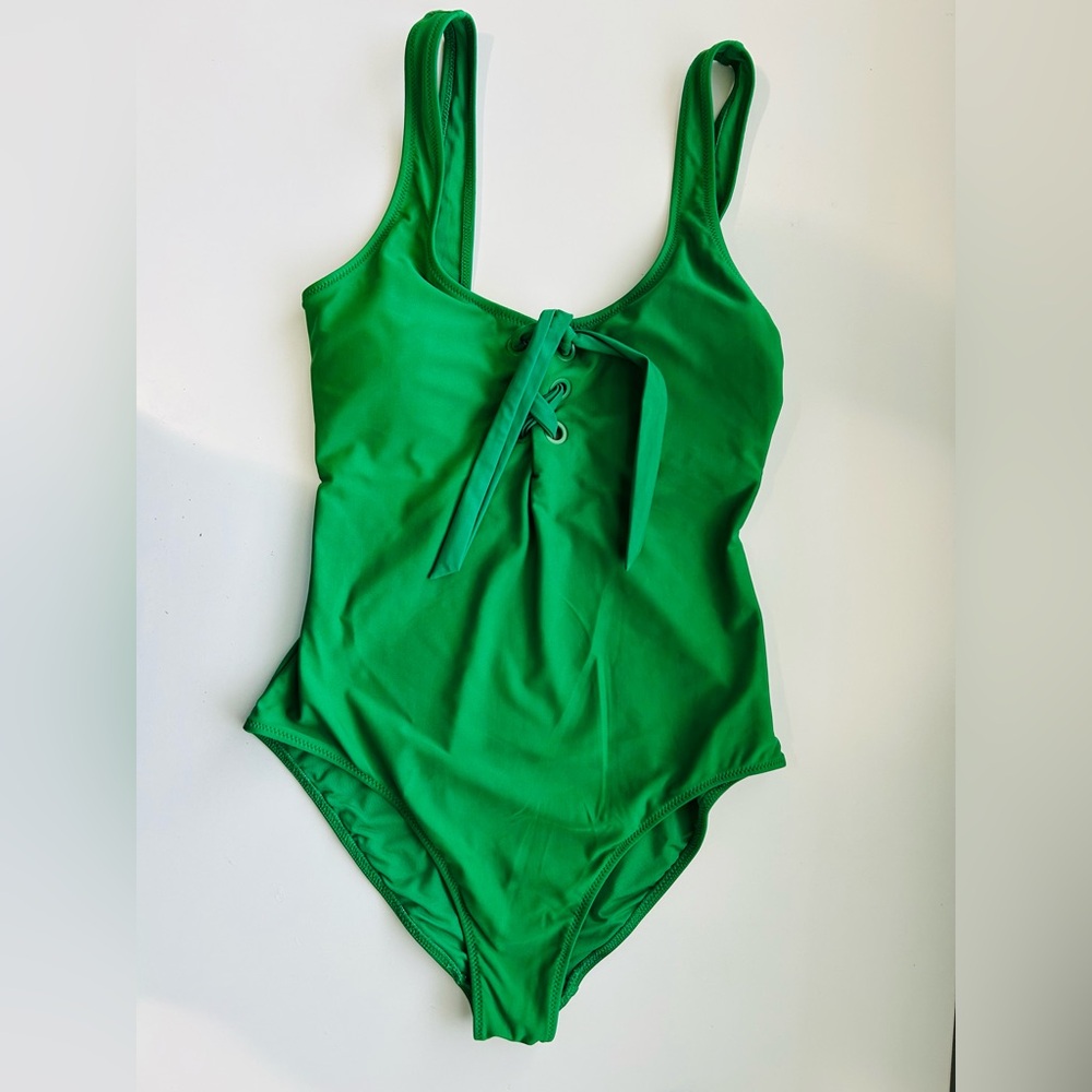 Aerie Green Lace‑Up One Piece Swimsuit – Full Coverage (M)